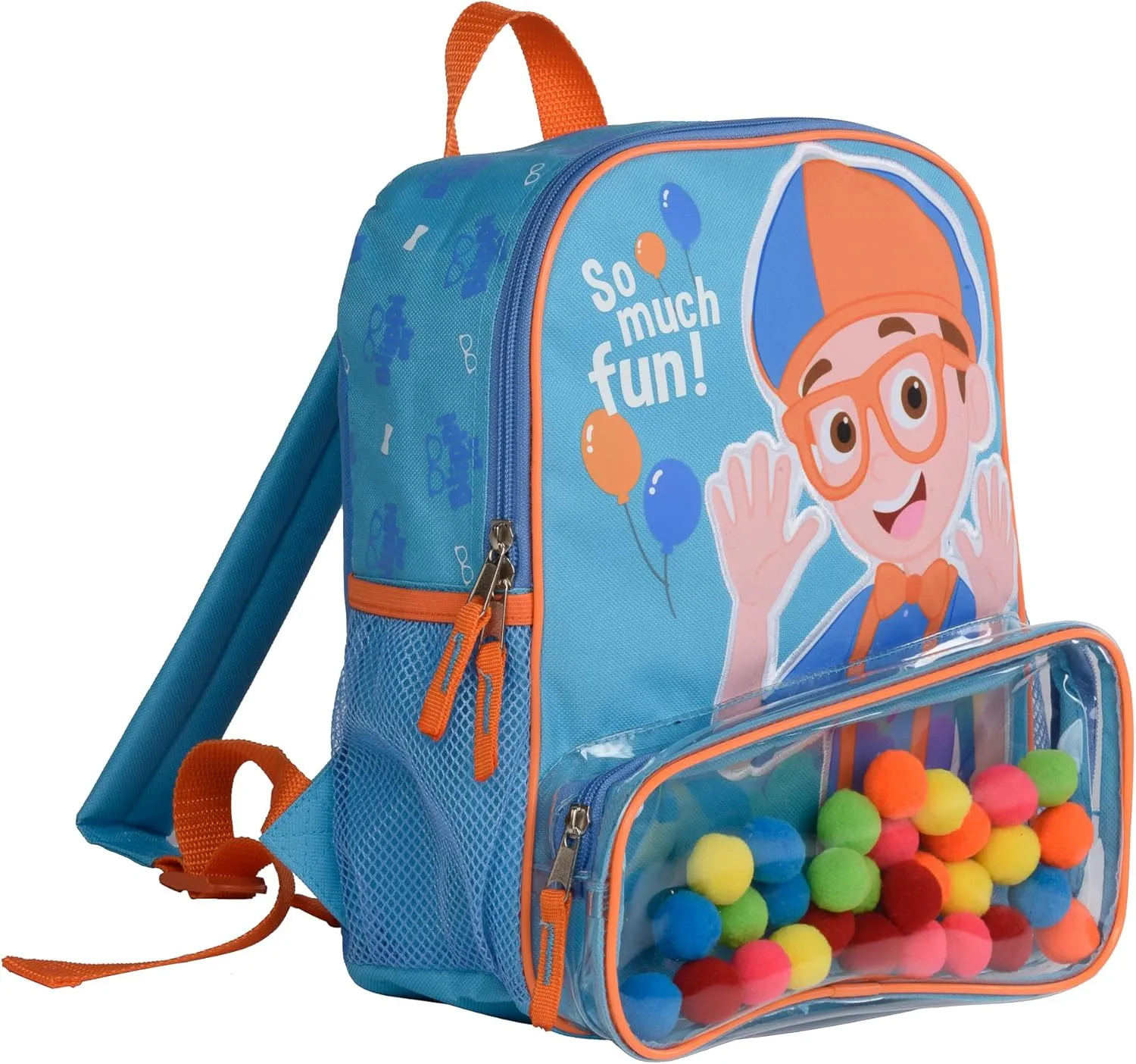 Blippi Backpack with Sound for Boys and Girls, Clear Front Pocket and Mesh Side Pockets, Toddlers Schoolbag with Padded Back and Adjustable Straps, Versatile Day Pack for Kids, Blue and Orange