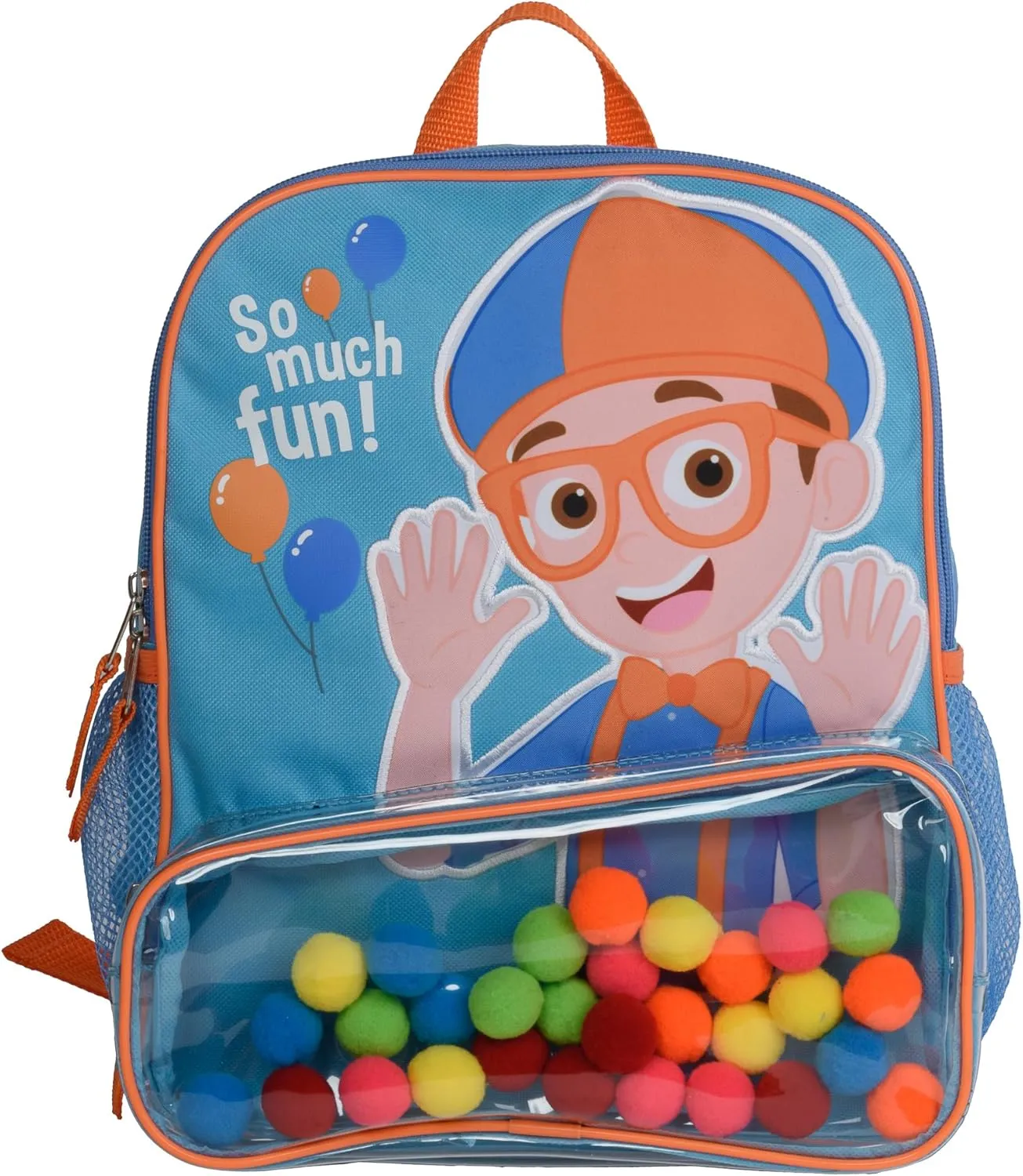 Blippi Backpack with Sound for Boys and Girls, Clear Front Pocket and Mesh Side Pockets, Toddlers Schoolbag with Padded Back and Adjustable Straps, Versatile Day Pack for Kids, Blue and Orange