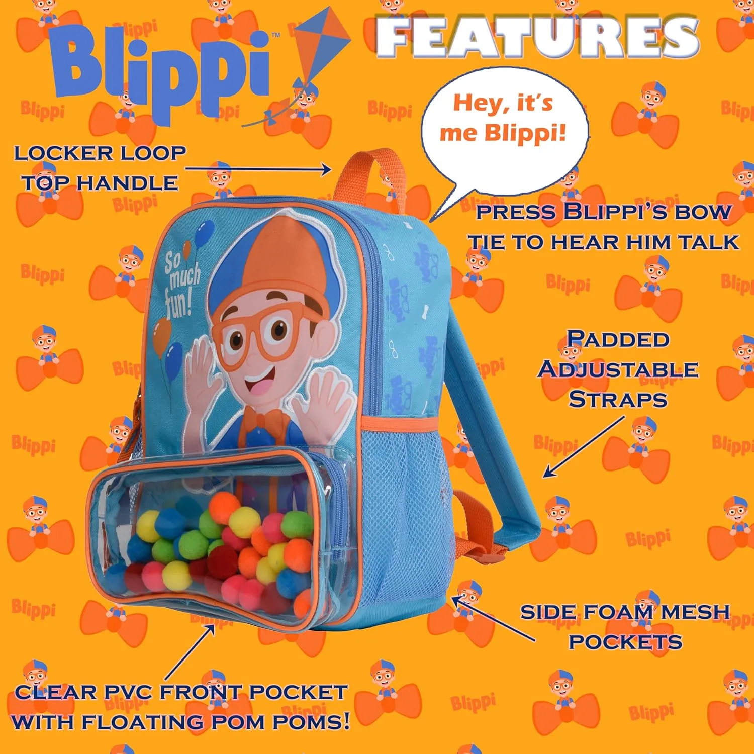 Blippi Backpack with Sound for Boys and Girls, Clear Front Pocket and Mesh Side Pockets, Toddlers Schoolbag with Padded Back and Adjustable Straps, Versatile Day Pack for Kids, Blue and Orange