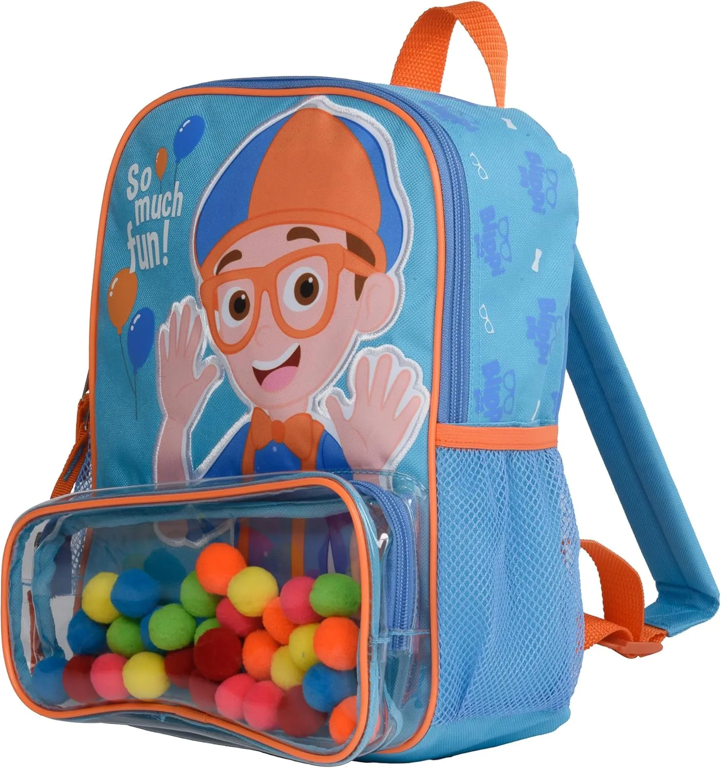 Blippi Backpack with Sound for Boys and Girls, Clear Front Pocket and Mesh Side Pockets, Toddlers Schoolbag with Padded Back and Adjustable Straps, Versatile Day Pack for Kids, Blue and Orange