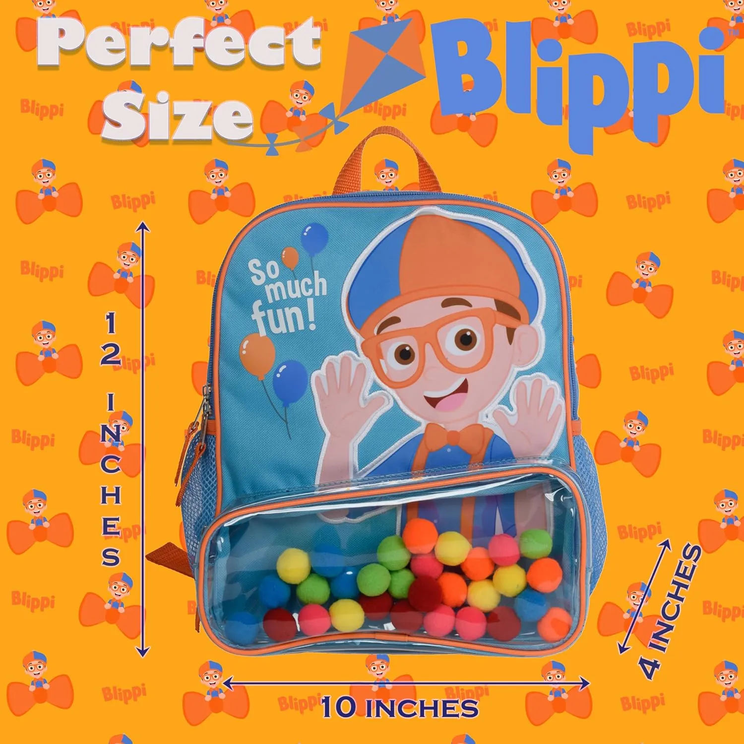 Blippi Backpack with Sound for Boys and Girls, Clear Front Pocket and Mesh Side Pockets, Toddlers Schoolbag with Padded Back and Adjustable Straps, Versatile Day Pack for Kids, Blue and Orange