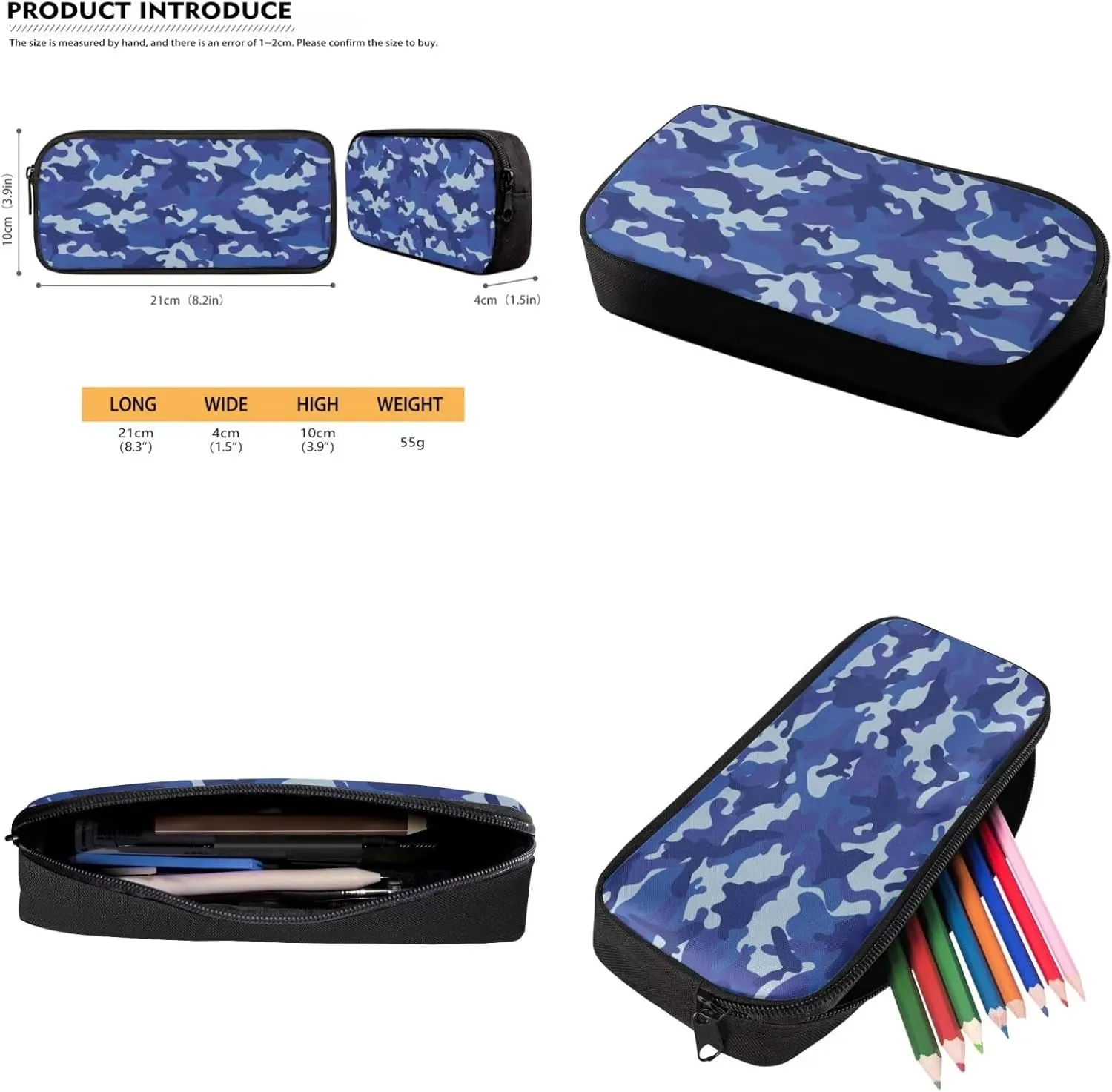 Blue Camo Backpack for Boys Lightweight Kids Bookbag and Lunch Box Set Boys Versatile Kids Lunchbag with Strap Set of 4 Casual Daypack Rucksack