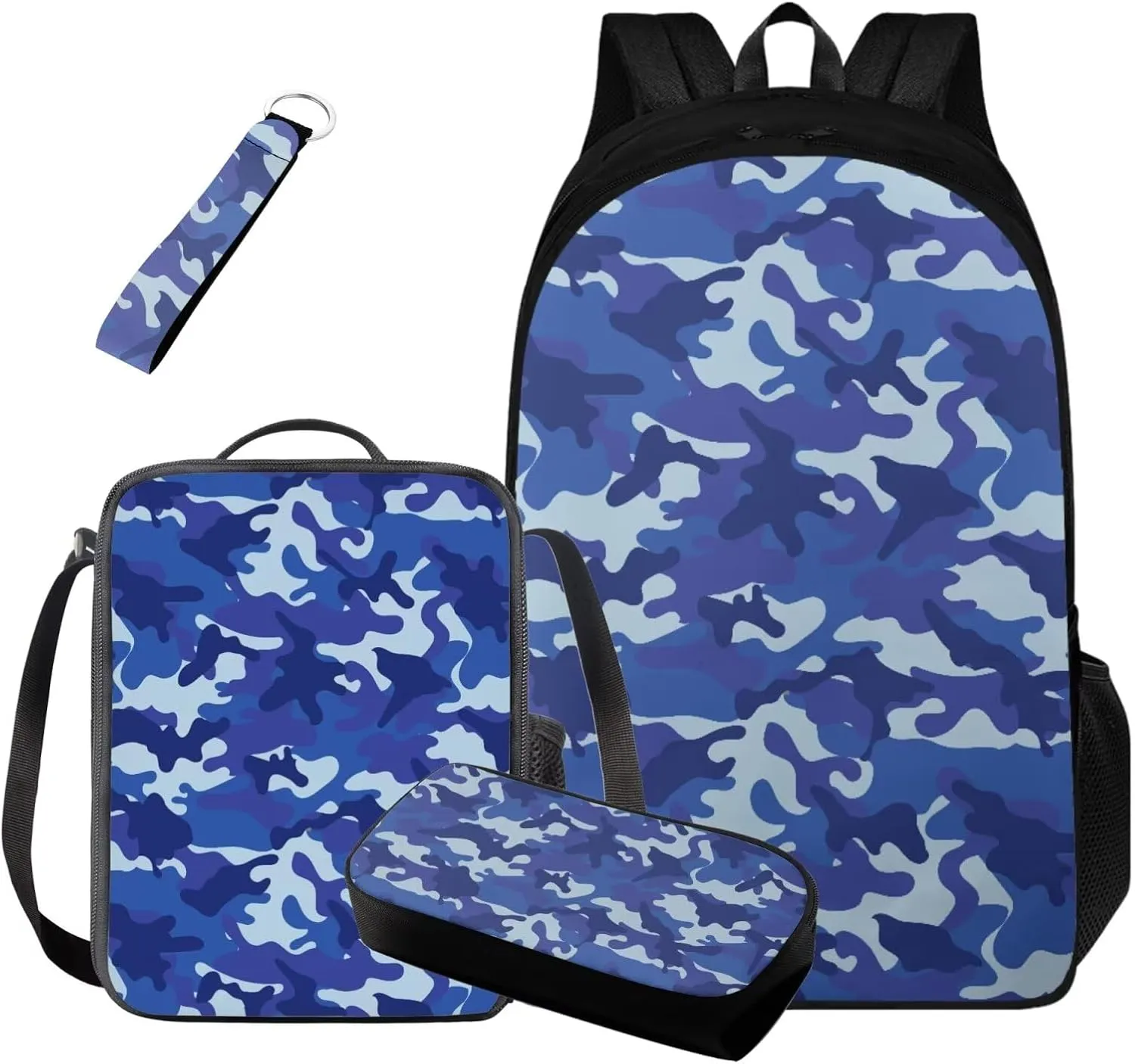 Blue Camo Backpack for Boys Lightweight Kids Bookbag and Lunch Box Set Boys Versatile Kids Lunchbag with Strap Set of 4 Casual Daypack Rucksack