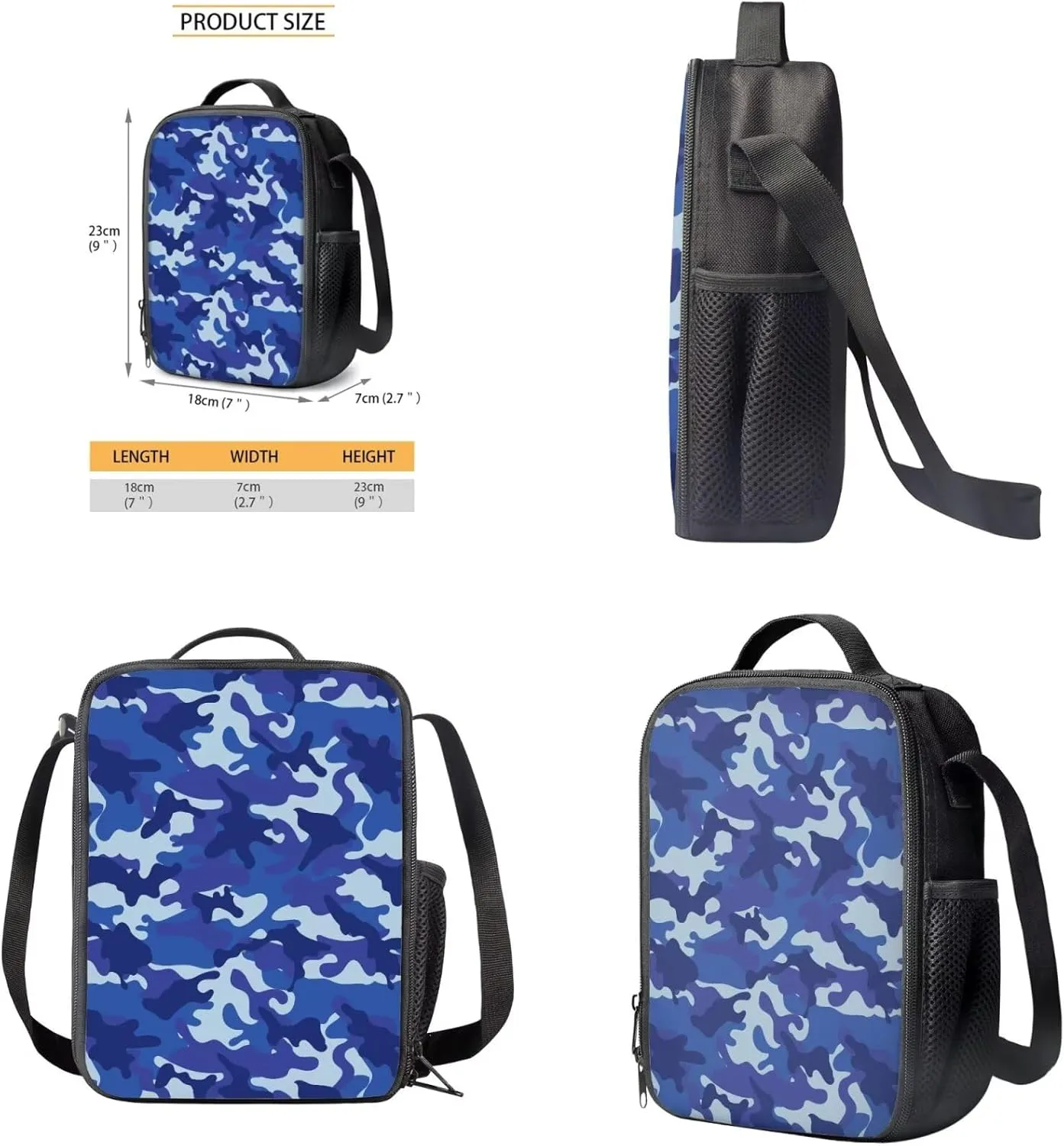 Blue Camo Backpack for Boys Lightweight Kids Bookbag and Lunch Box Set Boys Versatile Kids Lunchbag with Strap Set of 4 Casual Daypack Rucksack