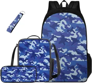 Blue Camo Backpack for Boys Lightweight Kids Bookbag and Lunch Box Set Boys Versatile Kids Lunchbag with Strap Set of 4 Casual Daypack Rucksack