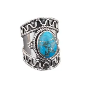 Blue Copper Turquoise Ring, Dainty Ring, 10X 14 MM Oval Engagement Gifts, Wide Band Ring, Handmade Gemstone Ring, Trending Jewelry, Bohemian Ring, Vintage Style, Wedding Ring, Gift For Her/Him