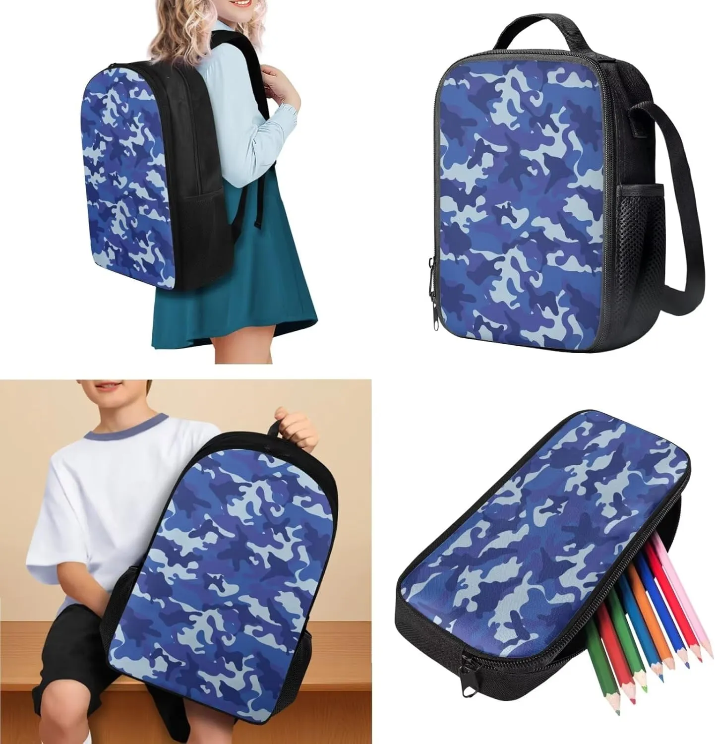 Boys Camo Backpack 10-12 Years Old 17 Inch Blue Kids School Bag with Lunch Bag Set of 4 Versatile Kids Lunch Box Insulated Soft Bag Boys Hiking Rucksack