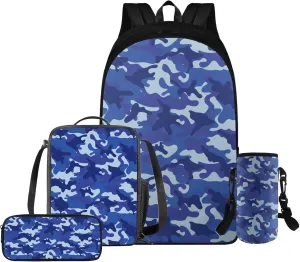 Boys Camo Backpack 10-12 Years Old 17 Inch Blue Kids School Bag with Lunch Bag Set of 4 Versatile Kids Lunch Box Insulated Soft Bag Boys Hiking Rucksack