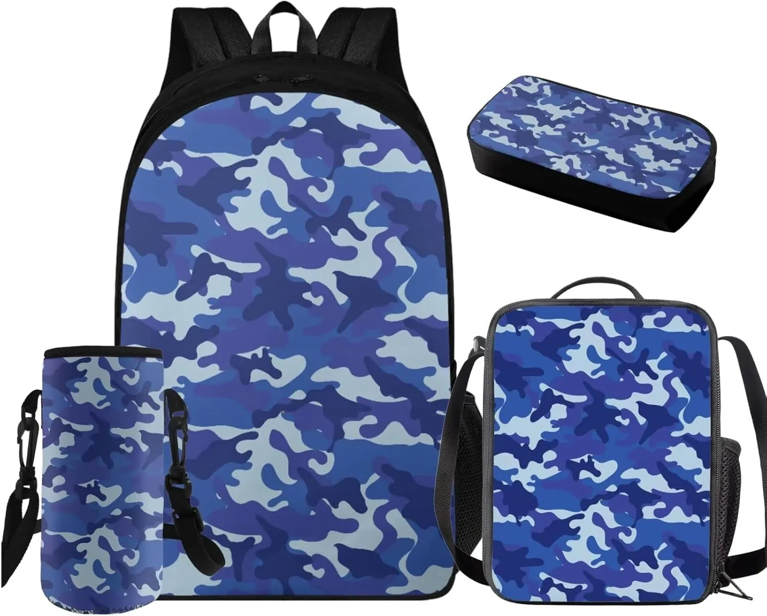 Boys Camo Backpack 10-12 Years Old 17 Inch Blue Kids School Bag with Lunch Bag Set of 4 Versatile Kids Lunch Box Insulated Soft Bag Boys Hiking Rucksack