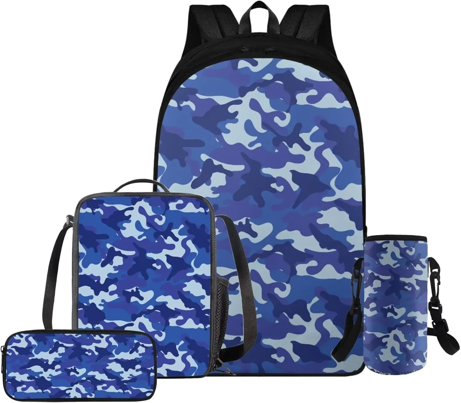 Boys Camo Backpack 10-12 Years Old 17 Inch Blue Kids School Bag with Lunch Bag Set of 4 Versatile Kids Lunch Box Insulated Soft Bag Boys Hiking Rucksack
