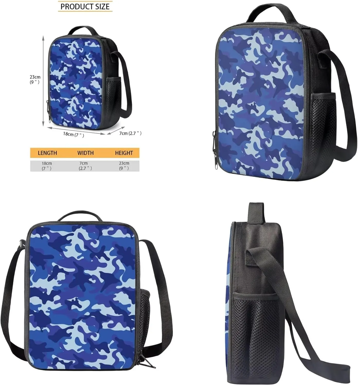 Boys Camo Backpack 10-12 Years Old 17 Inch Blue Kids School Bag with Lunch Bag Set of 4 Versatile Kids Lunch Box Insulated Soft Bag Boys Hiking Rucksack