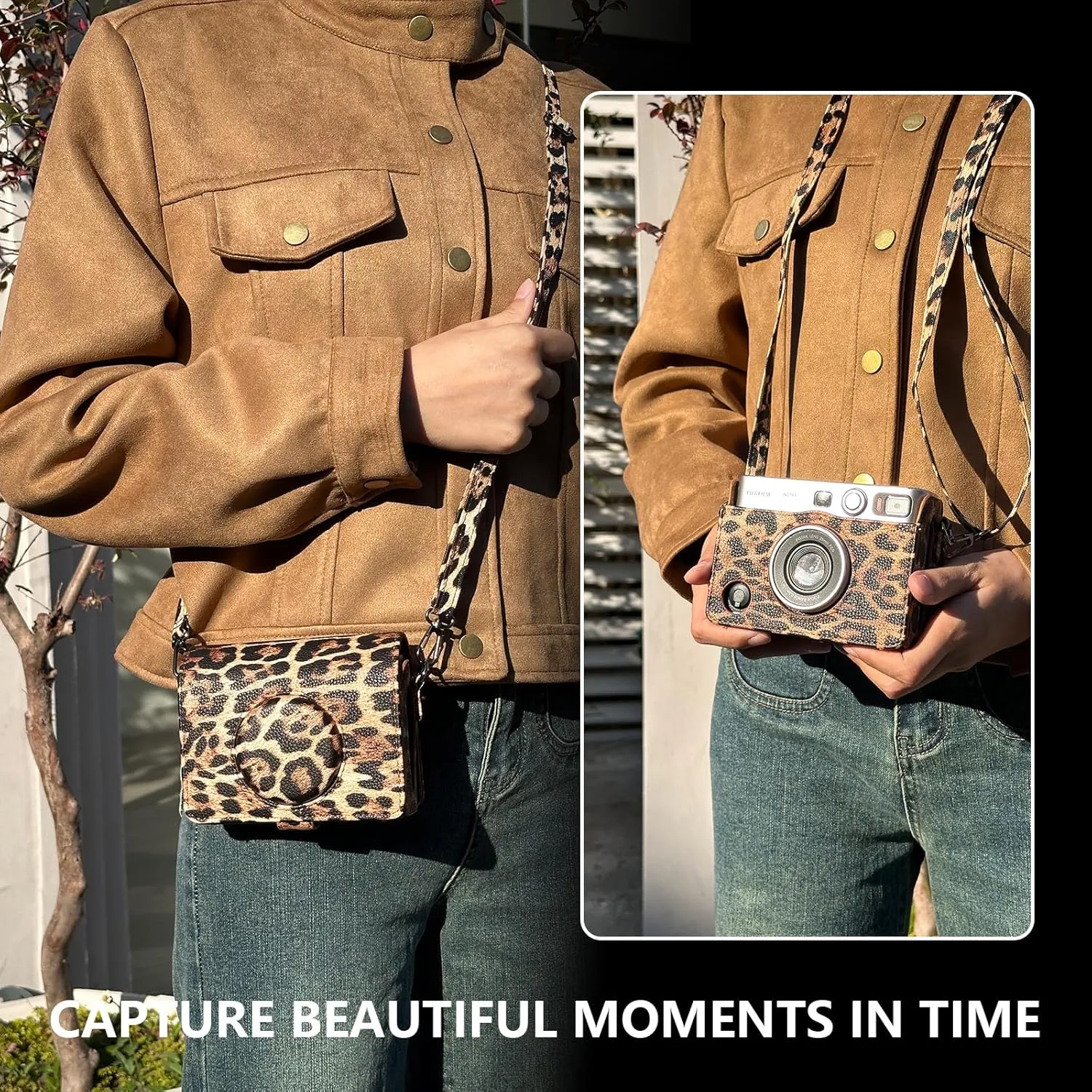 CAIYOULE Protective Case for Fujifilm Instax Mini EVO Digital Hybrid Camera Protective PU Leather Bag Accessories with Adjustable Strap No CameraLeopard Brown