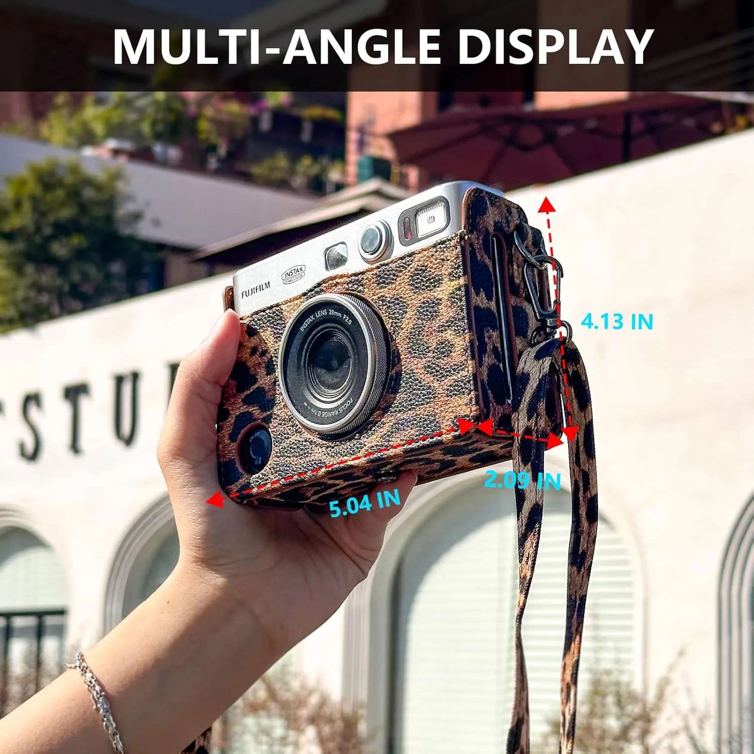 CAIYOULE Protective Case for Fujifilm Instax Mini EVO Digital Hybrid Camera Protective PU Leather Bag Accessories with Adjustable Strap No CameraLeopard Brown