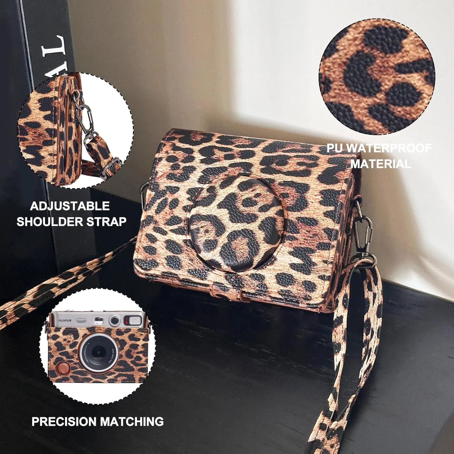CAIYOULE Protective Case for Fujifilm Instax Mini EVO Digital Hybrid Camera Protective PU Leather Bag Accessories with Adjustable Strap No CameraLeopard Brown