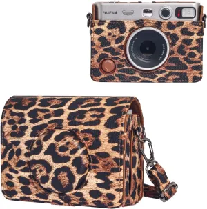 CAIYOULE Protective Case for Fujifilm Instax Mini EVO Digital Hybrid Camera Protective PU Leather Bag Accessories with Adjustable Strap No CameraLeopard Brown