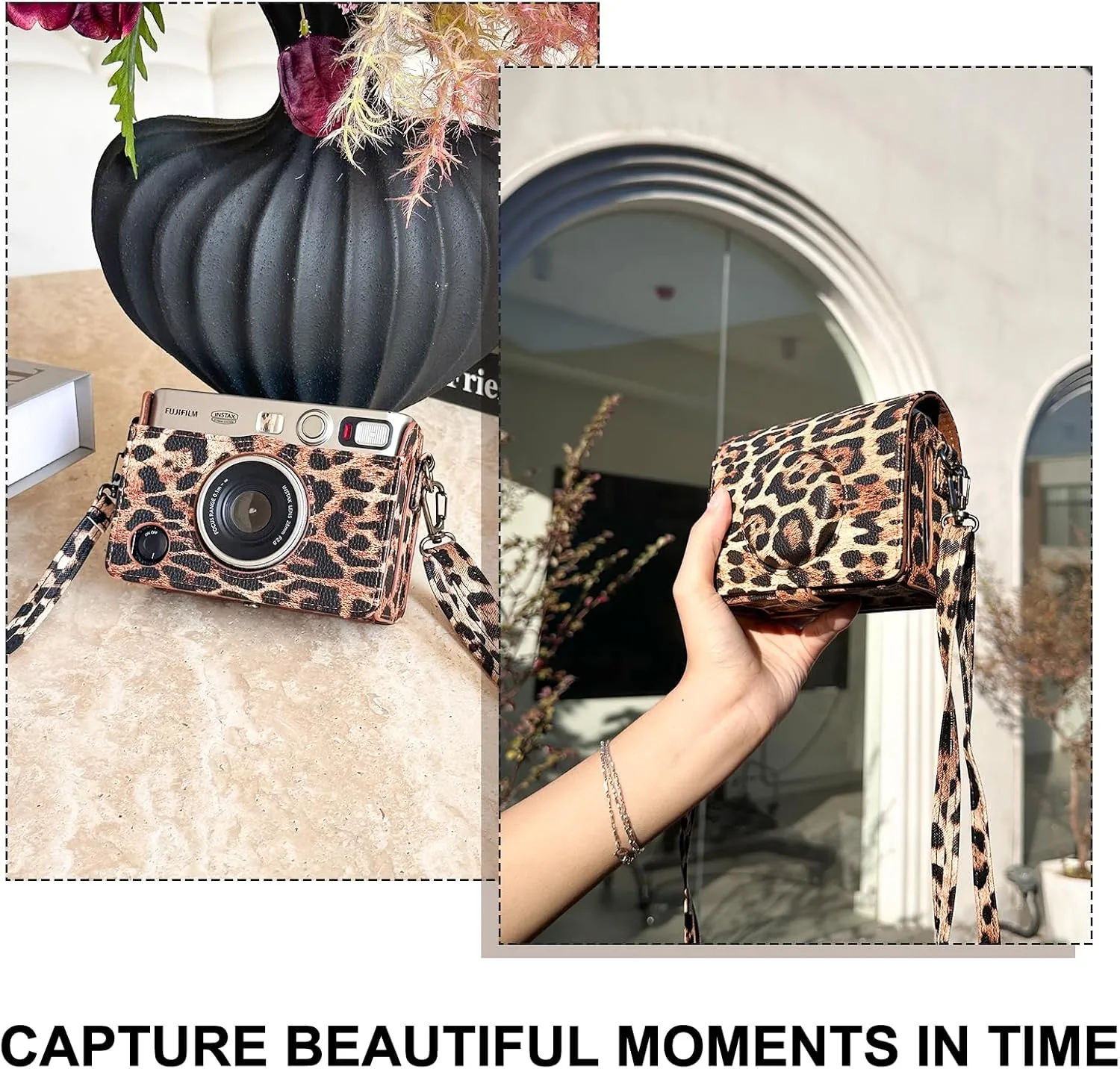 CAIYOULE Protective Case for Fujifilm Instax Mini EVO Digital Hybrid Camera Protective PU Leather Bag Accessories with Adjustable Strap No CameraLeopard Brown