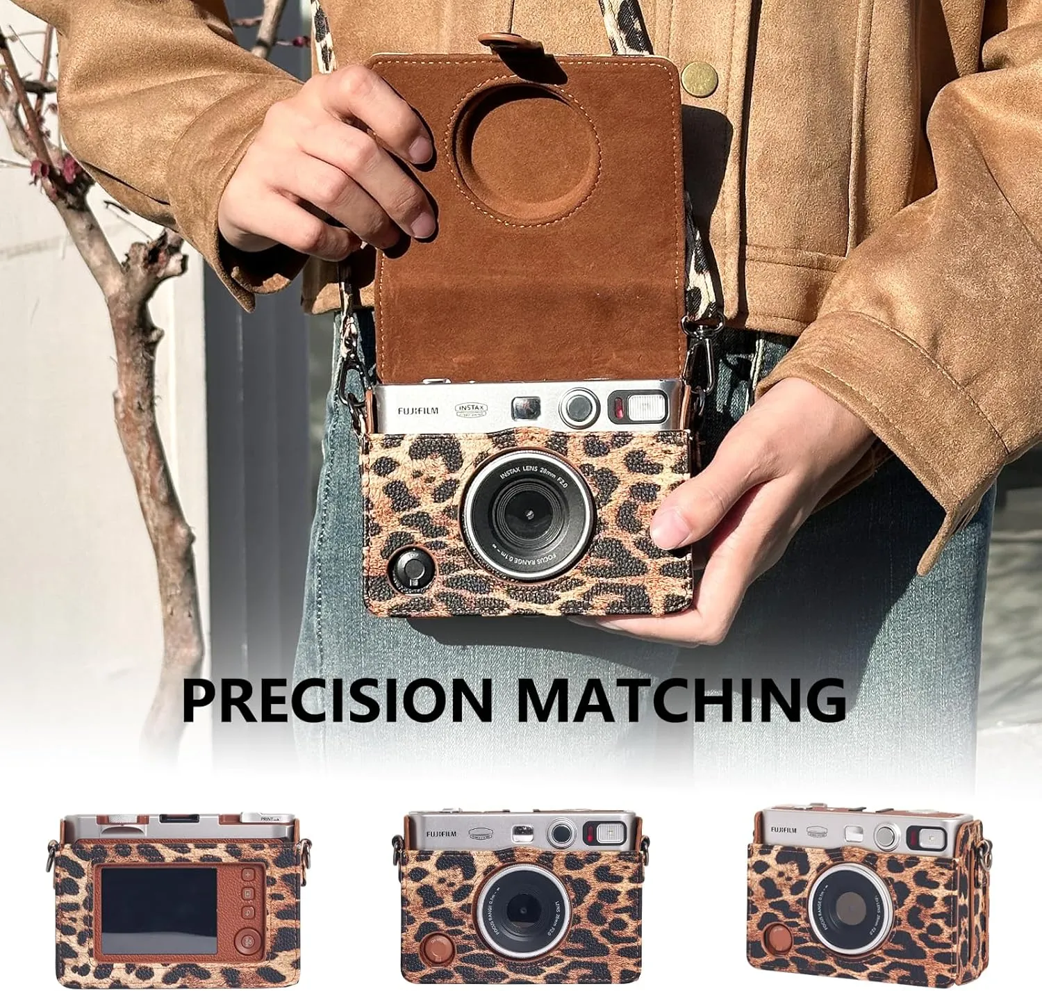 CAIYOULE Protective Case for Fujifilm Instax Mini EVO Digital Hybrid Camera Protective PU Leather Bag Accessories with Adjustable Strap No CameraLeopard Brown