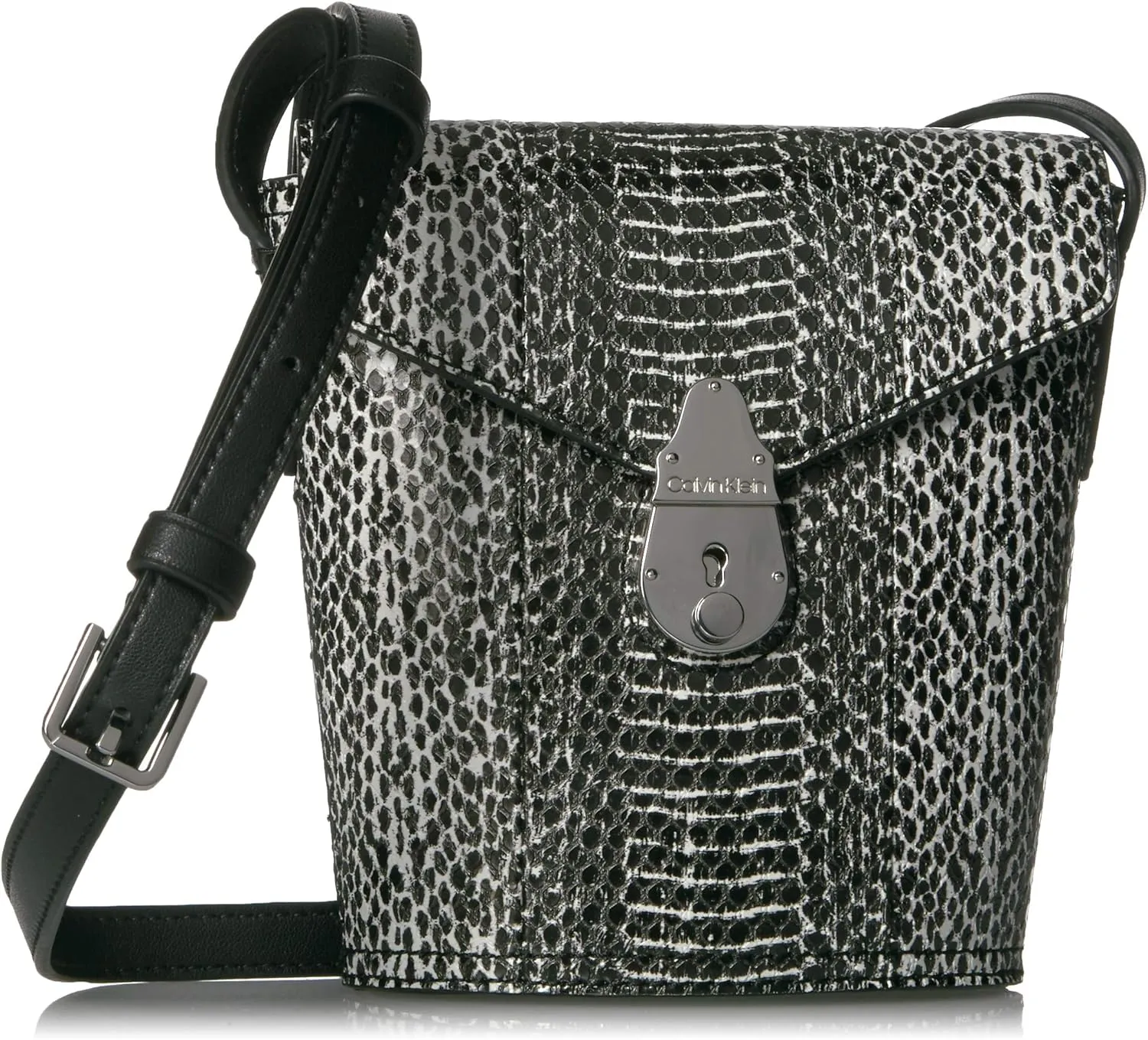 Calvin Klein Statement Series Lock Daytonna Leather Mini Bucket Crossbody Bag, Black