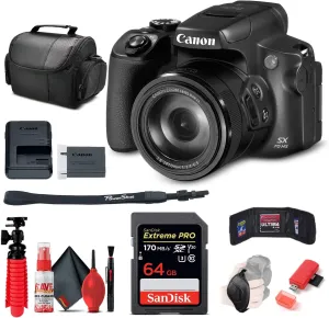 Canon PowerShot SX70 HS Digital Camera (3071C001), 64GB Card, Card Reader, Soft Bag, Flex Tripod, Hand Strap, Memory Card Holder, Cleaning Kit (International Model) (Renewed)