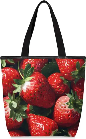 Canvas Tote Bag for Women Large Tote Bag with Zipper & Pockets Fresh Strawberry Canvas Beach Bag Shoulder Bag Reusable Shopping Bags Cute Tote Bags for Work Travel