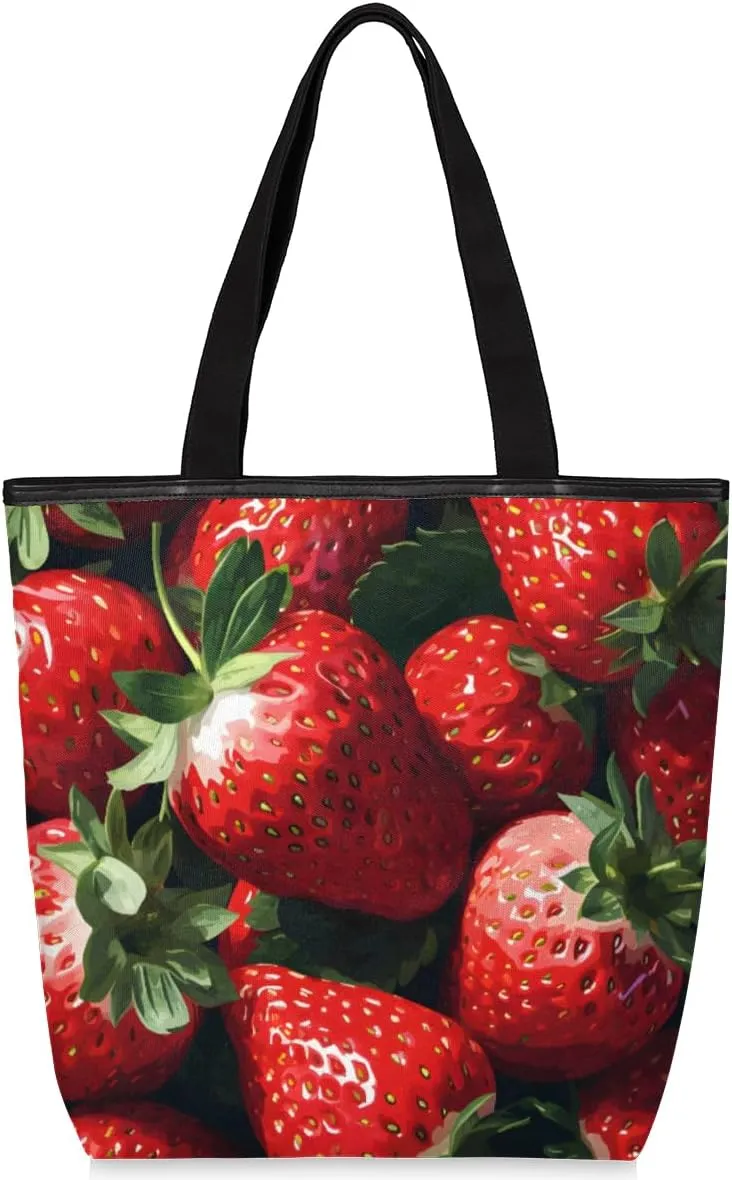 Canvas Tote Bag for Women Large Tote Bag with Zipper & Pockets Fresh Strawberry Canvas Beach Bag Shoulder Bag Reusable Shopping Bags Cute Tote Bags for Work Travel