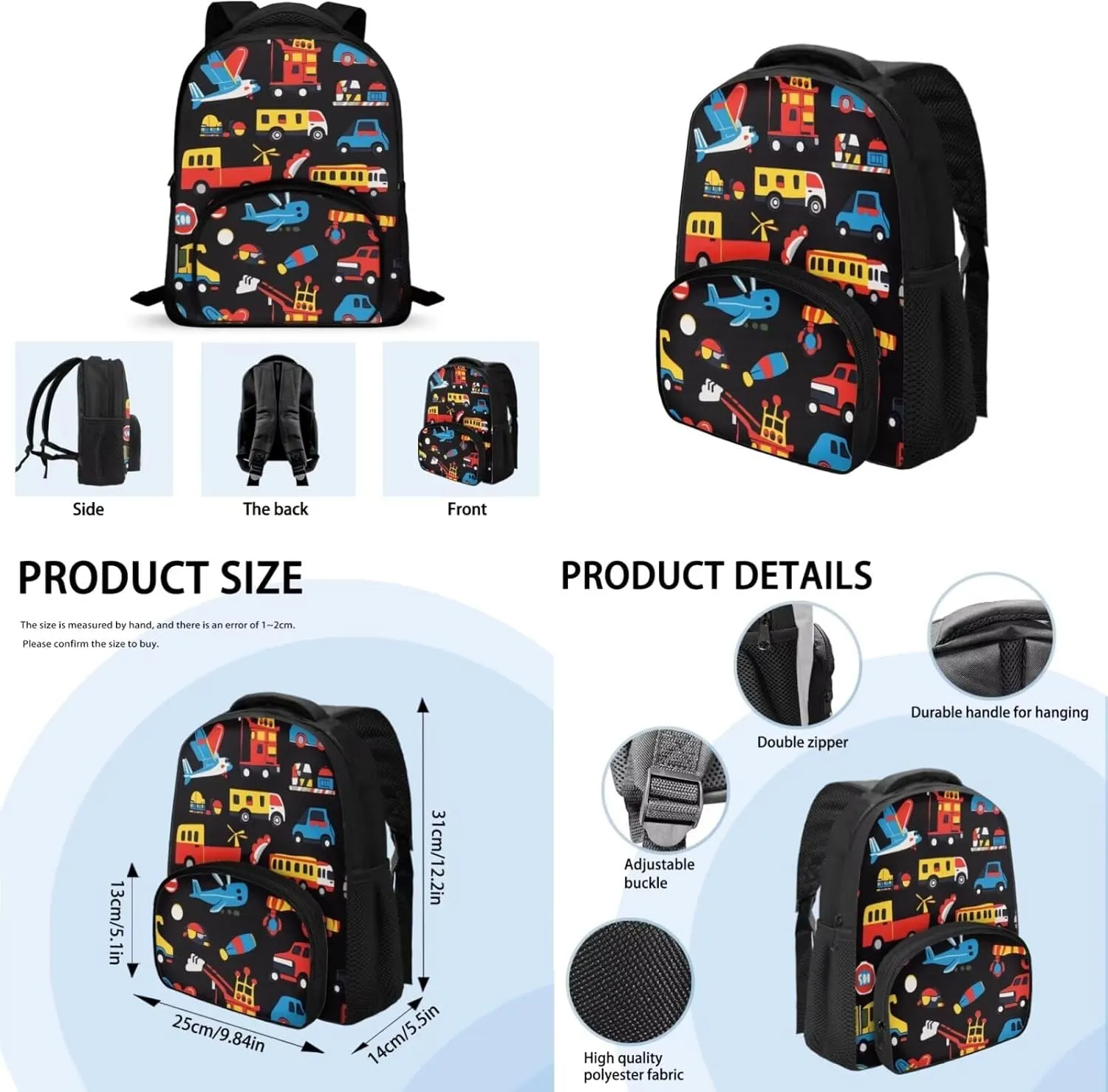 Car Backpack for Boys 4-6 Cartoon Kids Backpack with Lunch Box Attached 2 in 1 School Bag with Sturdy Handle Thermal Lunch Bag Keep Food Fresh