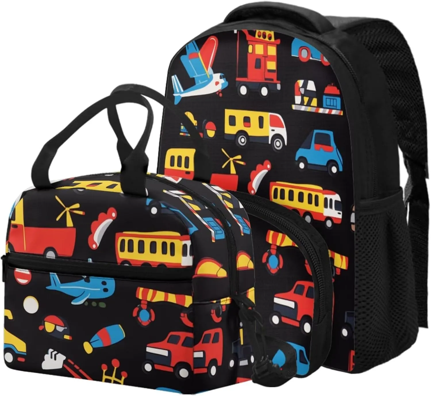 Car Backpack for Boys 4-6 Cartoon Kids Backpack with Lunch Box Attached 2 in 1 School Bag with Sturdy Handle Thermal Lunch Bag Keep Food Fresh