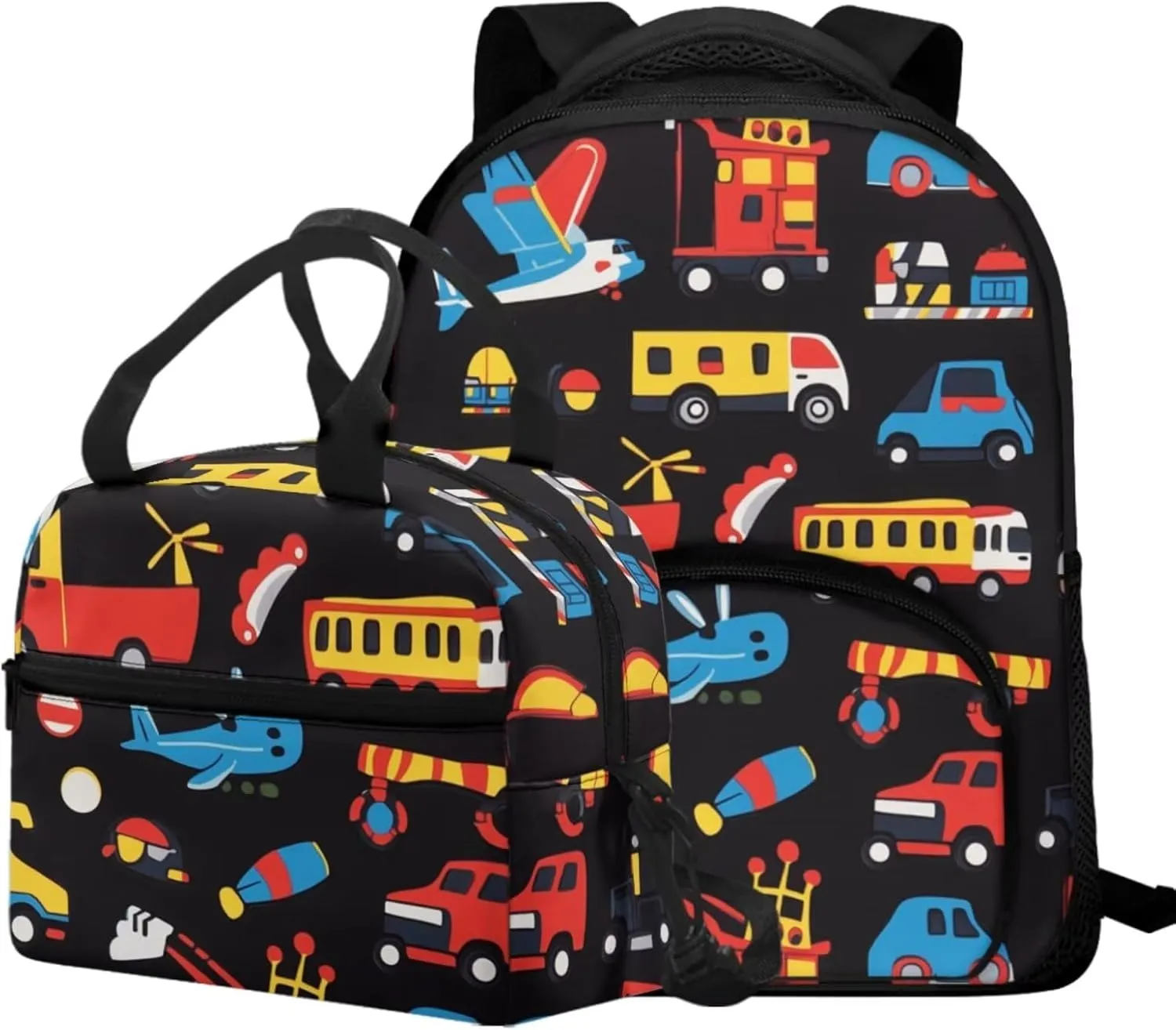 Car Backpack for Boys 4-6 Cartoon Kids Backpack with Lunch Box Attached 2 in 1 School Bag with Sturdy Handle Thermal Lunch Bag Keep Food Fresh