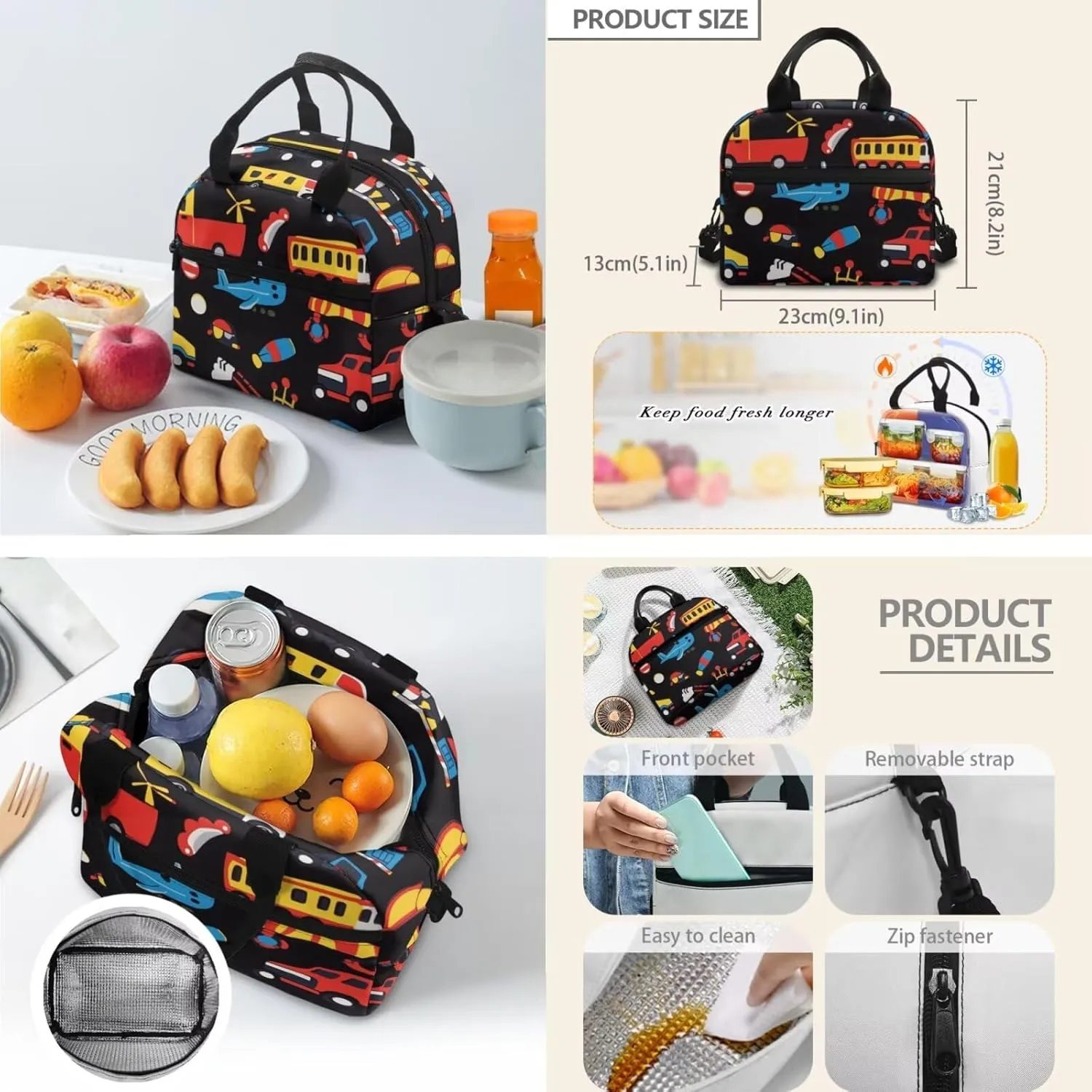 Car Backpack for Boys 4-6 Cartoon Kids Backpack with Lunch Box Attached 2 in 1 School Bag with Sturdy Handle Thermal Lunch Bag Keep Food Fresh