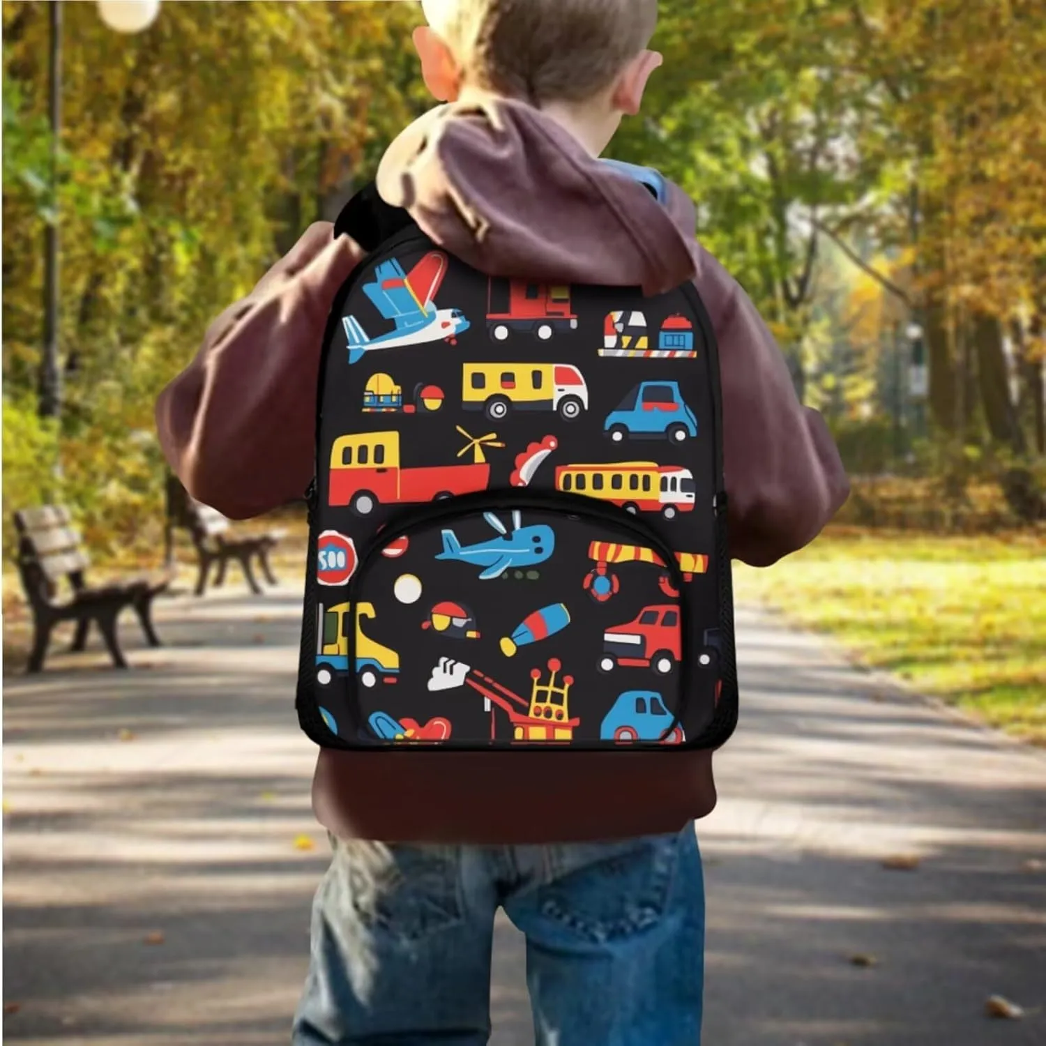 Car Backpack for Boys 4-6 Cartoon Kids Backpack with Lunch Box Attached 2 in 1 School Bag with Sturdy Handle Thermal Lunch Bag Keep Food Fresh