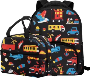 Car Backpack for Boys 4-6 Cartoon Kids Backpack with Lunch Box Attached 2 in 1 School Bag with Sturdy Handle Thermal Lunch Bag Keep Food Fresh