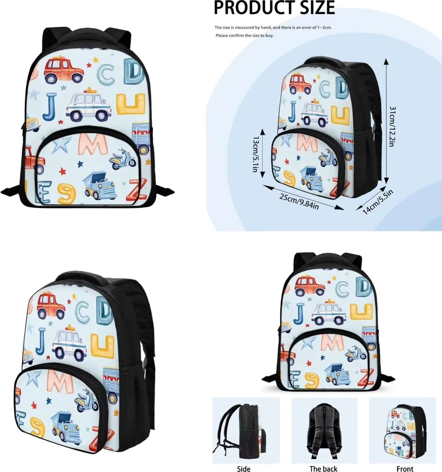 Car Backpack for Boys 4-6 Letter Print Boys School Bag with Lunch Bag 2 in 1 Portable Versatile Bento Bag for Kids Sturdy Handle Daypack for Kindergarten