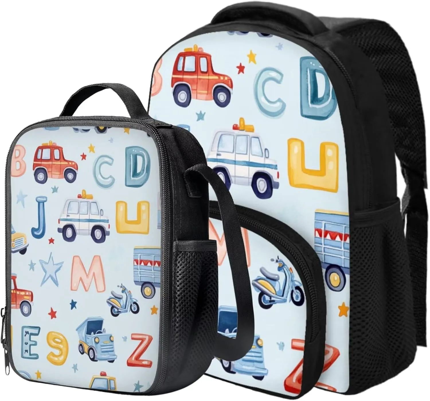 Car Backpack for Boys 4-6 Letter Print Boys School Bag with Lunch Bag 2 in 1 Portable Versatile Bento Bag for Kids Sturdy Handle Daypack for Kindergarten