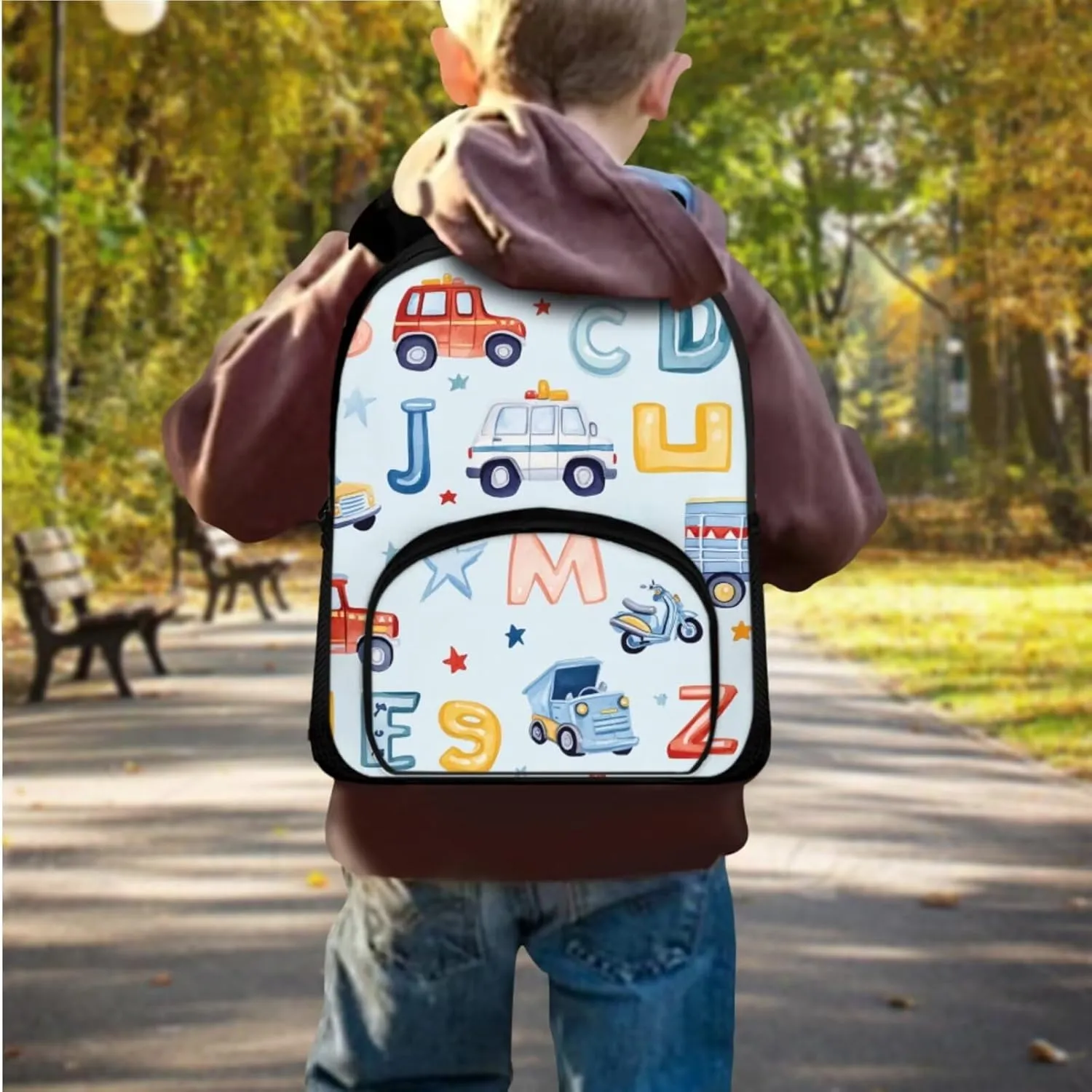 Car Backpack for Boys 4-6 Letter Print Boys School Bag with Lunch Bag 2 in 1 Portable Versatile Bento Bag for Kids Sturdy Handle Daypack for Kindergarten