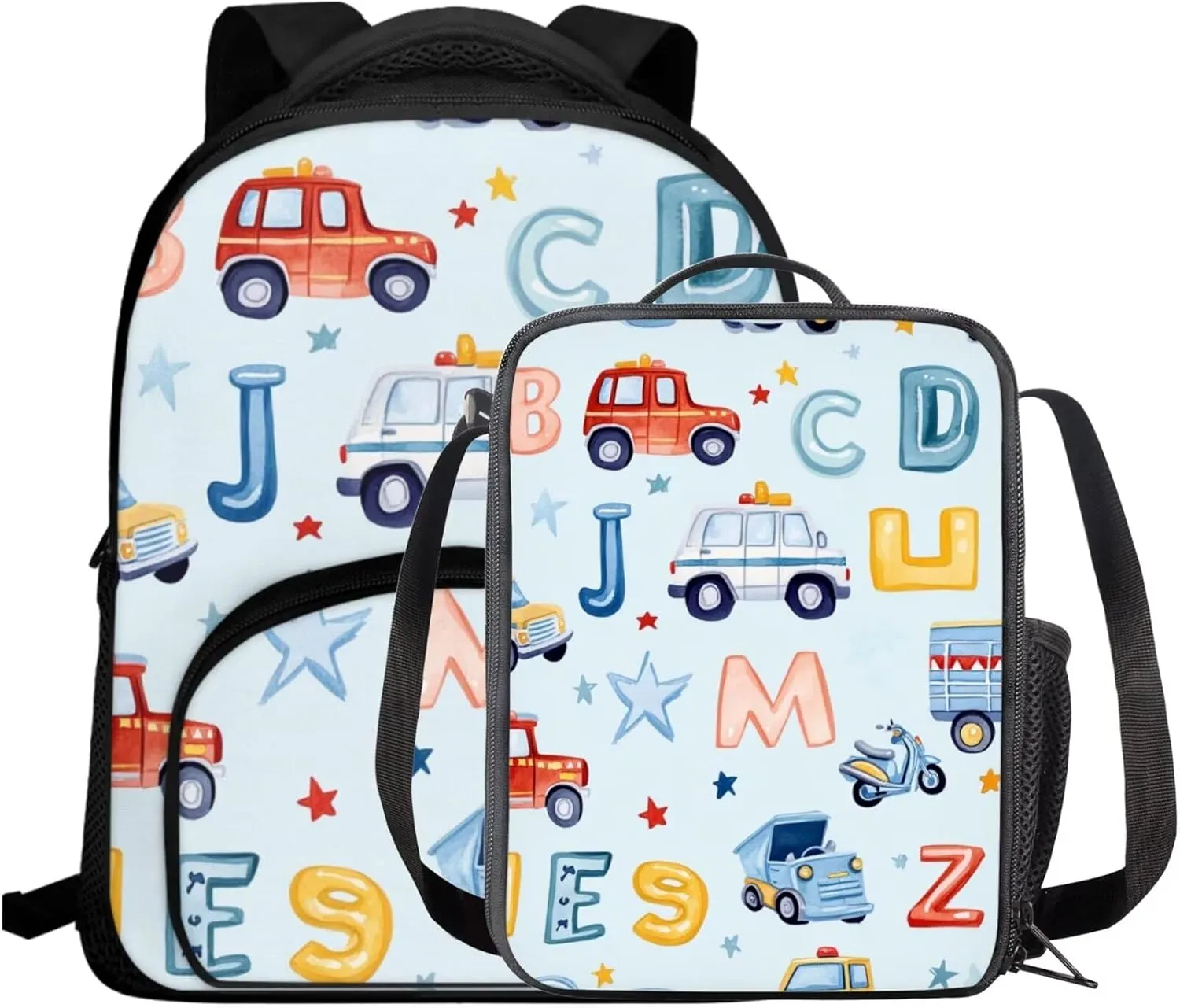 Car Backpack for Boys 4-6 Letter Print Boys School Bag with Lunch Bag 2 in 1 Portable Versatile Bento Bag for Kids Sturdy Handle Daypack for Kindergarten