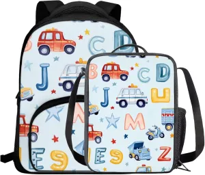 Car Backpack for Boys 4-6 Letter Print Boys School Bag with Lunch Bag 2 in 1 Portable Versatile Bento Bag for Kids Sturdy Handle Daypack for Kindergarten