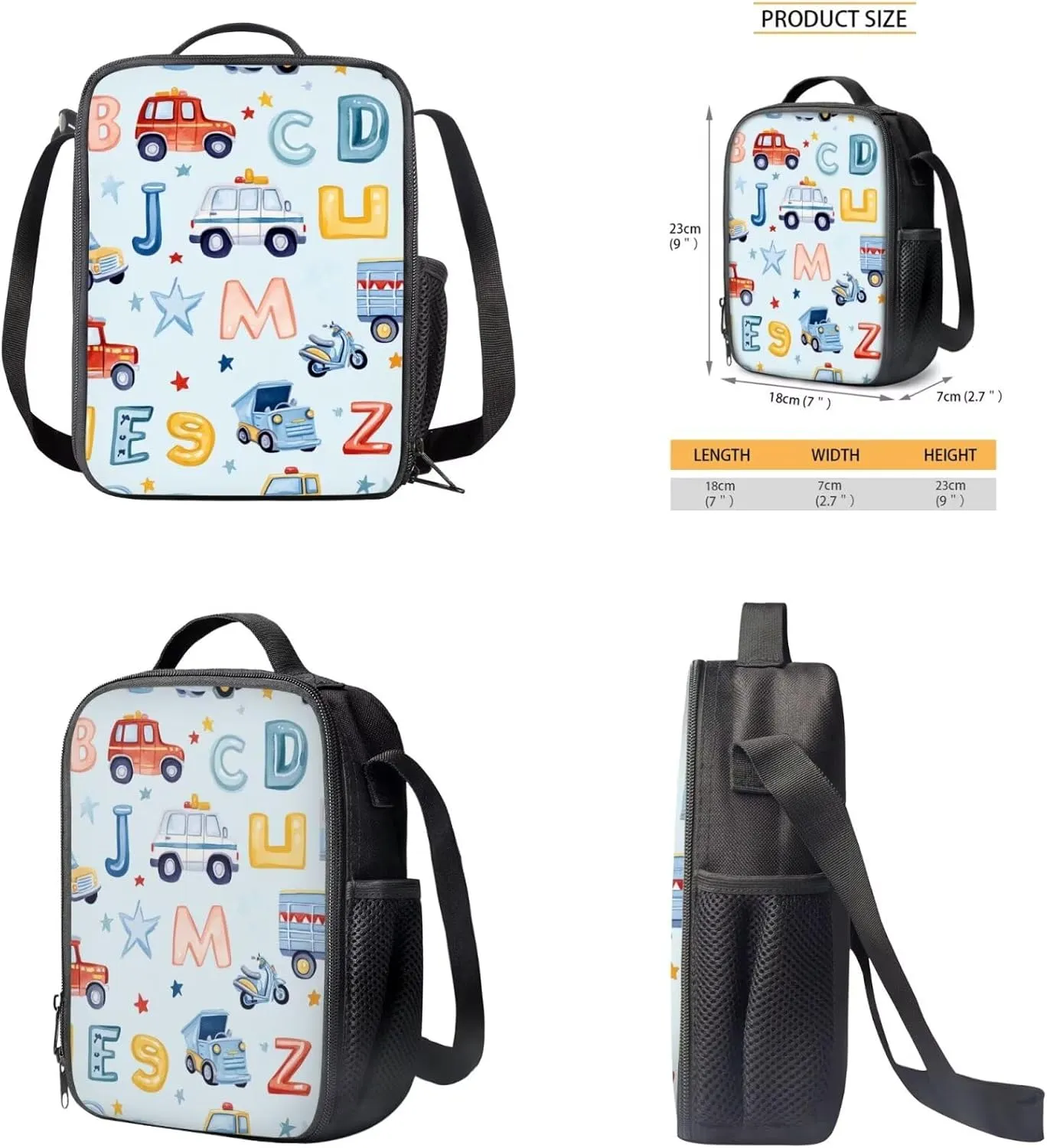 Car Backpack for Boys 4-6 Letter Print Boys School Bag with Lunch Bag 2 in 1 Portable Versatile Bento Bag for Kids Sturdy Handle Daypack for Kindergarten