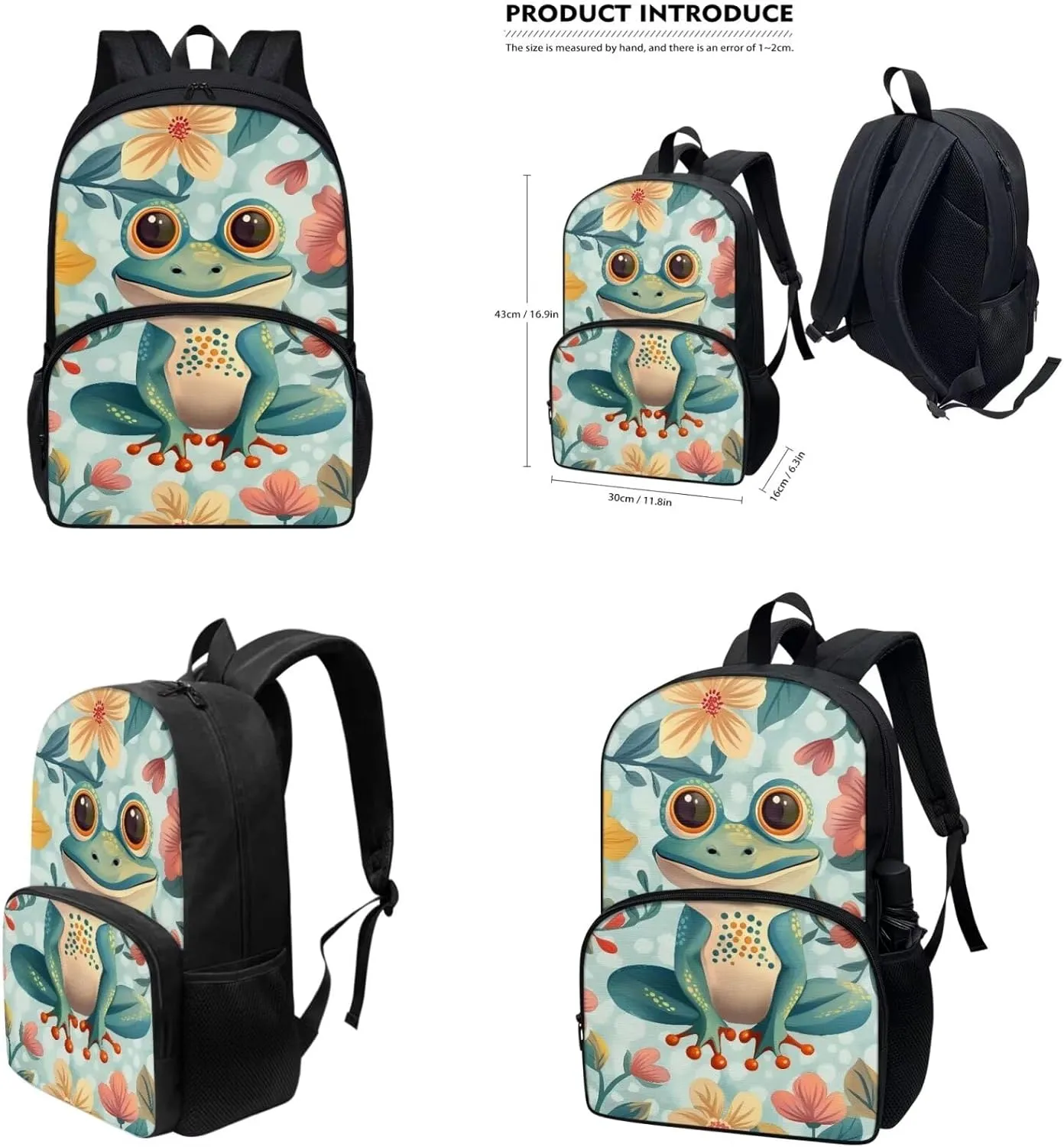Cartoon Frog Backpacks for High School Students Flower School Bag for Girls Teenagers Fit and Fresh Lunch Bag Kids Kids Lunch Box with Water Bottle Holder Pencil Case Small