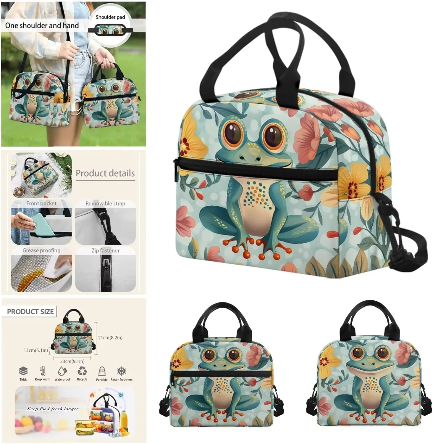 Cartoon Frog Backpacks for High School Students Flower School Bag for Girls Teenagers Fit and Fresh Lunch Bag Kids Kids Lunch Box with Water Bottle Holder Pencil Case Small