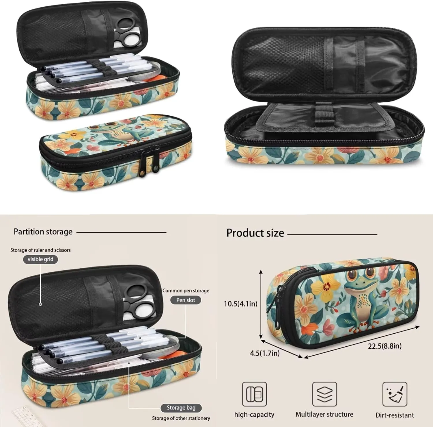 Cartoon Frog Backpacks for High School Students Flower School Bag for Girls Teenagers Fit and Fresh Lunch Bag Kids Kids Lunch Box with Water Bottle Holder Pencil Case Small