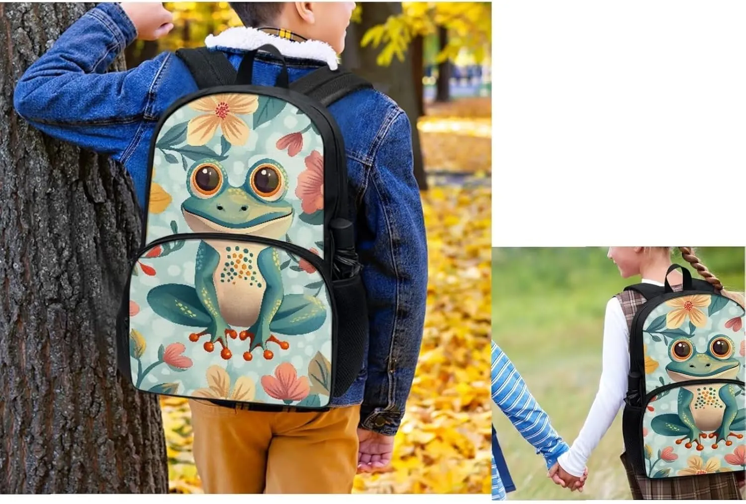 Cartoon Frog Backpacks for High School Students Flower School Bag for Girls Teenagers Fit and Fresh Lunch Bag Kids Kids Lunch Box with Water Bottle Holder Pencil Case Small