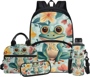 Cartoon Frog Backpacks for High School Students Flower School Bag for Girls Teenagers Fit and Fresh Lunch Bag Kids Kids Lunch Box with Water Bottle Holder Pencil Case Small