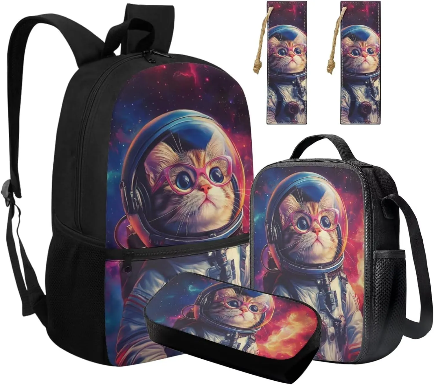 Cat Astronaut Backpack for Kids 4-in-1 Space Themed Bookbag for Boys 8-12 Ages Elementary School Bag with Padded Straps Thermal Lunch Bag Keep Food Fresh