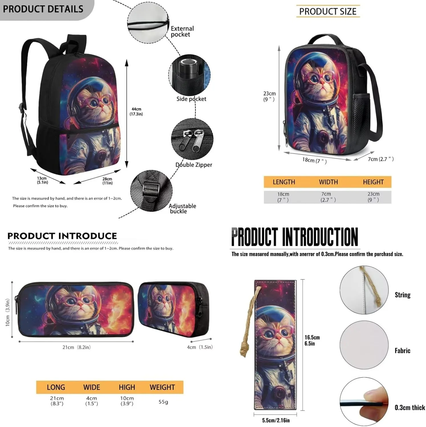 Cat Astronaut Backpack for Kids 4-in-1 Space Themed Bookbag for Boys 8-12 Ages Elementary School Bag with Padded Straps Thermal Lunch Bag Keep Food Fresh