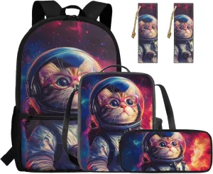 Cat Astronaut Backpack for Kids 4-in-1 Space Themed Bookbag for Boys 8-12 Ages Elementary School Bag with Padded Straps Thermal Lunch Bag Keep Food Fresh
