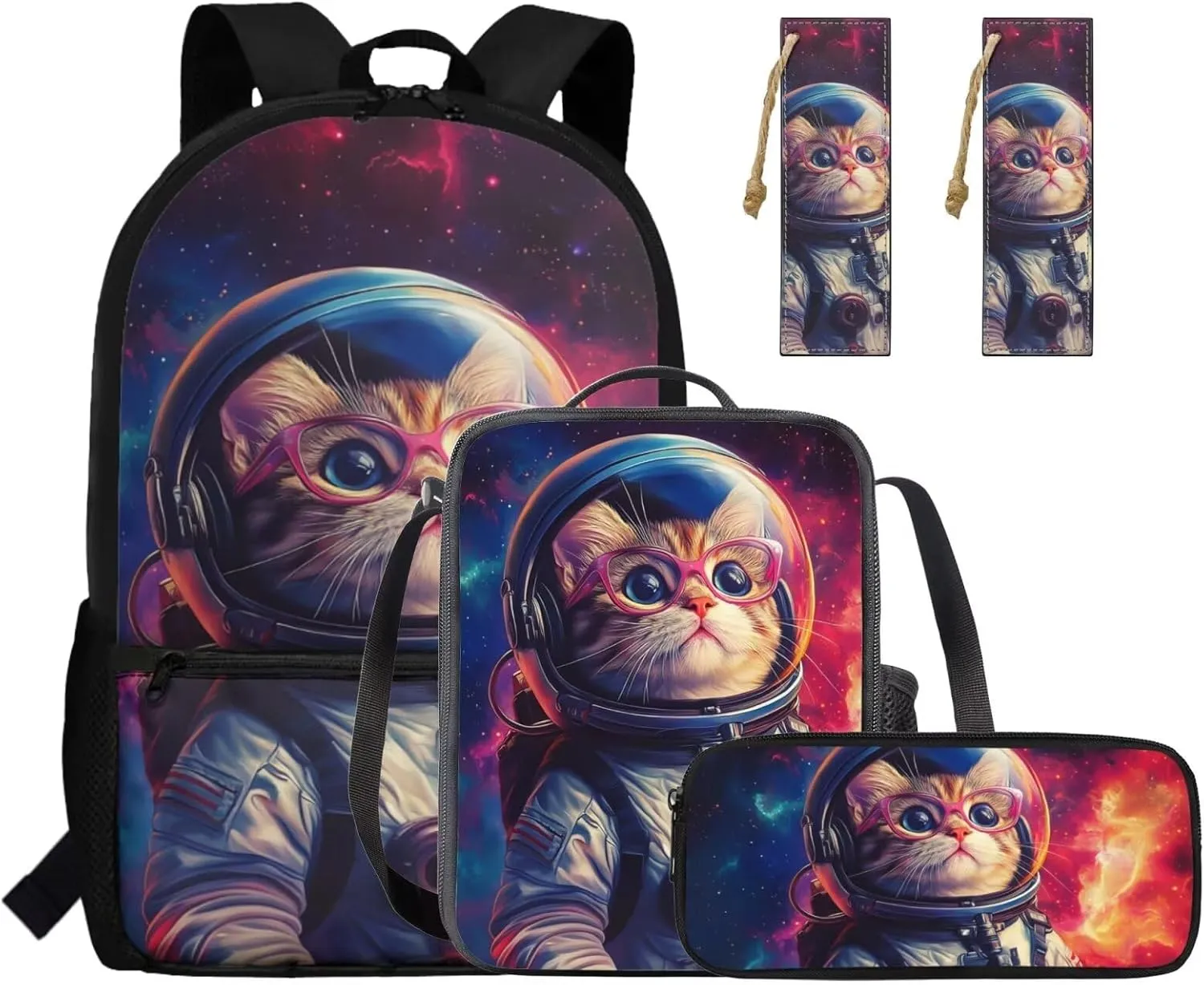 Cat Astronaut Backpack for Kids 4-in-1 Space Themed Bookbag for Boys 8-12 Ages Elementary School Bag with Padded Straps Thermal Lunch Bag Keep Food Fresh