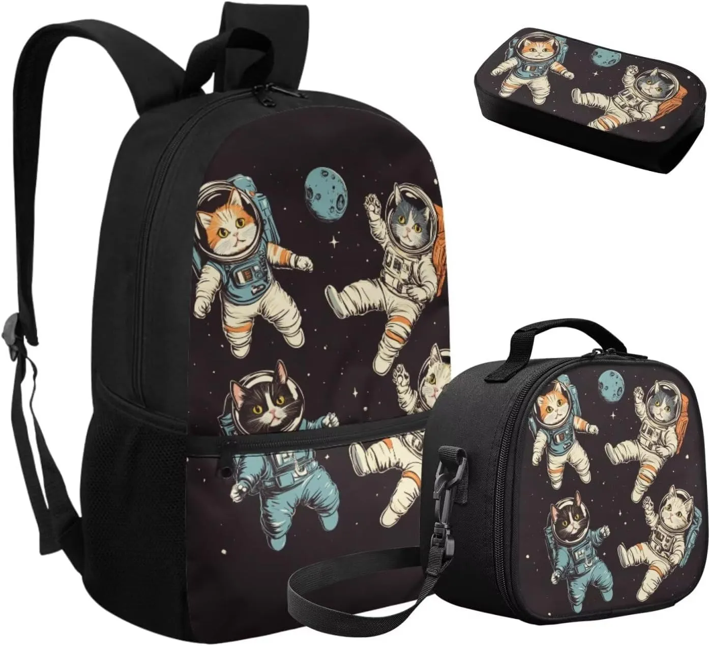 Cat Backpack for Kids for School Astronaut Pattern 3 in 1 Lightweight 17 Inch Bookbag with Lunch Box Attached Boys Versatile Pencil Case for School Supplies