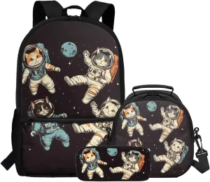 Cat Backpack for Kids for School Astronaut Pattern 3 in 1 Lightweight 17 Inch Bookbag with Lunch Box Attached Boys Versatile Pencil Case for School Supplies