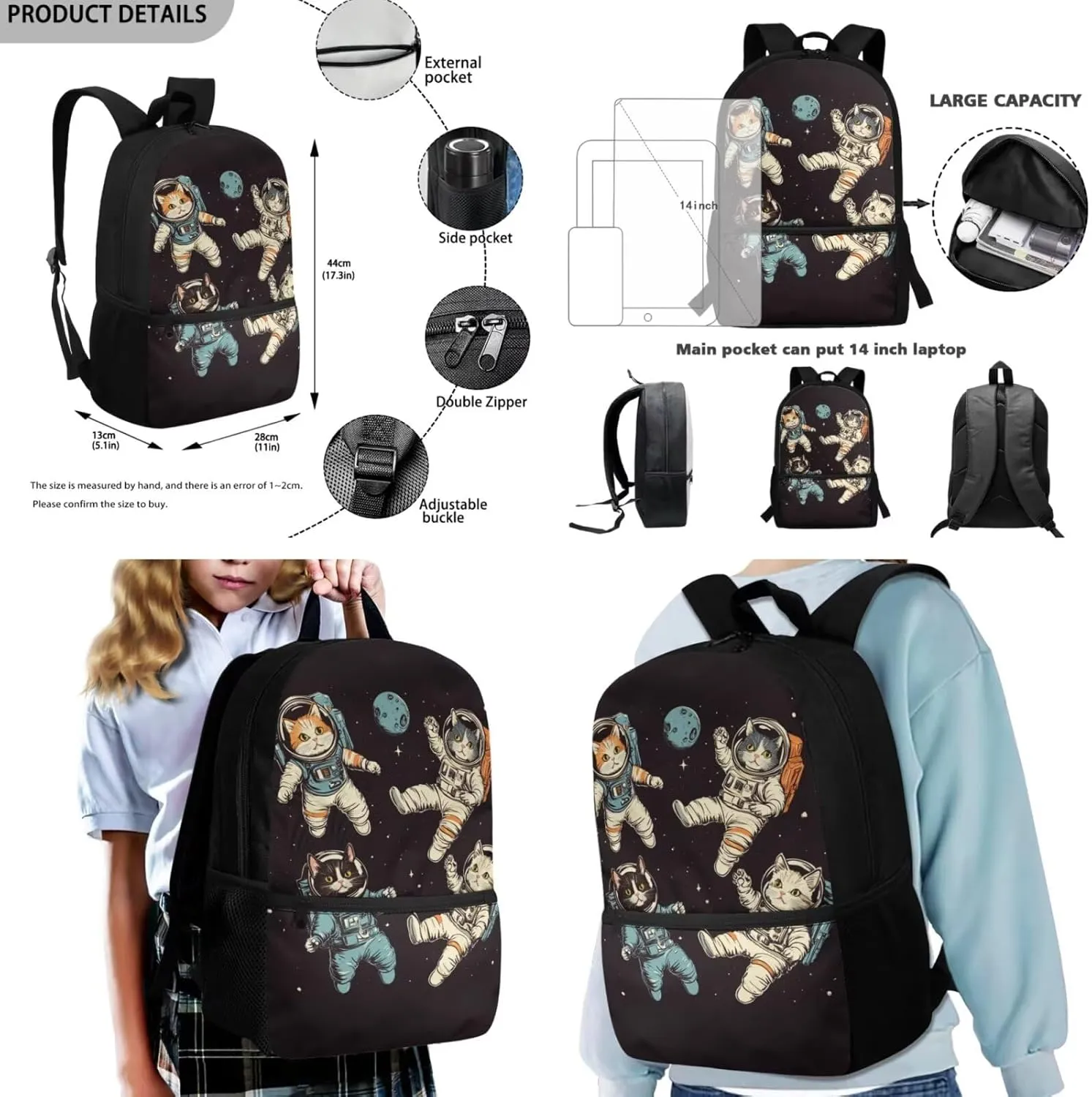 Cat Backpack for Kids for School Astronaut Pattern 3 in 1 Lightweight 17 Inch Bookbag with Lunch Box Attached Boys Versatile Pencil Case for School Supplies