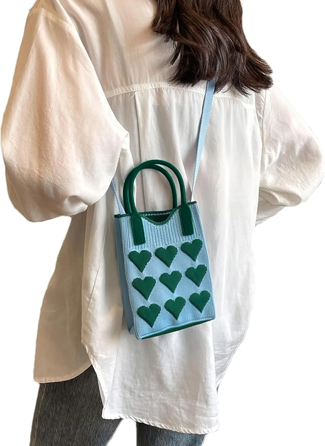 Cell Phone Crossbody Bag for Women Little Crochet Pouch Tote Handbag with Heart Pattern